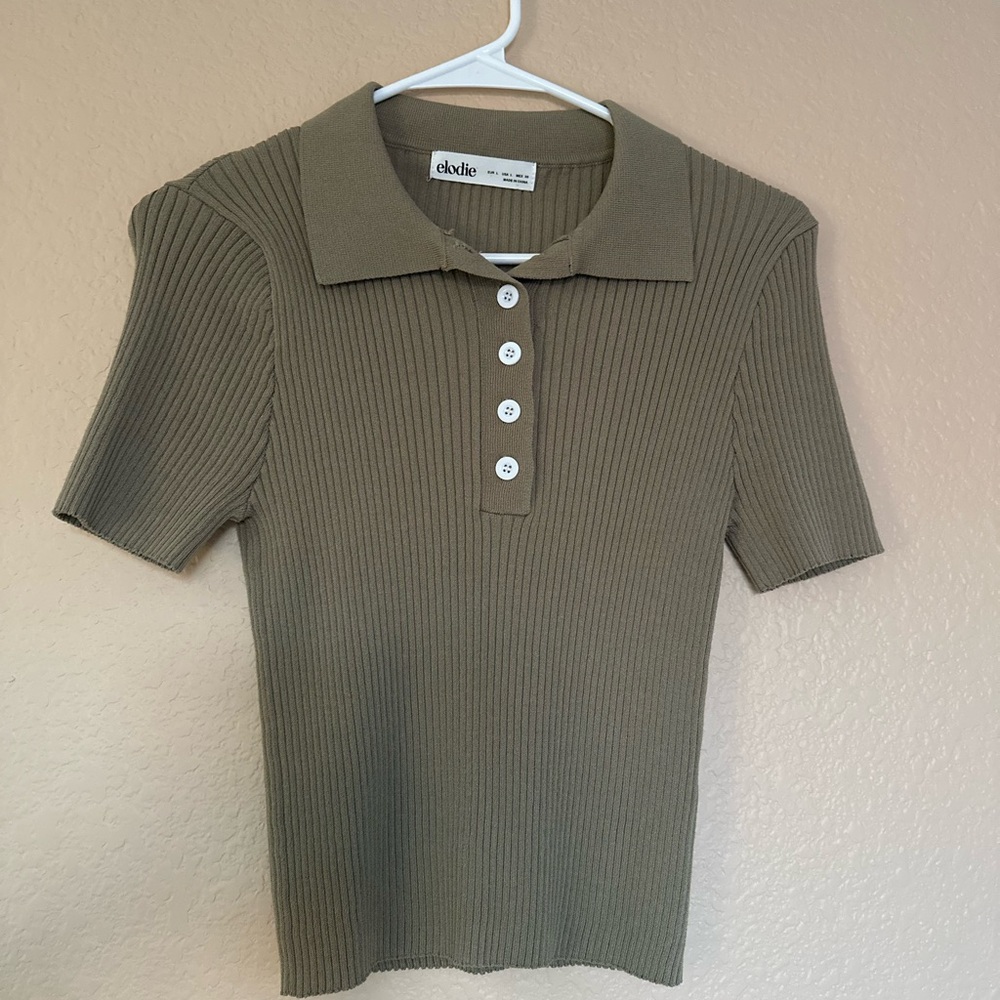 Elodie Olive Ribbed Short Sleeve Polo